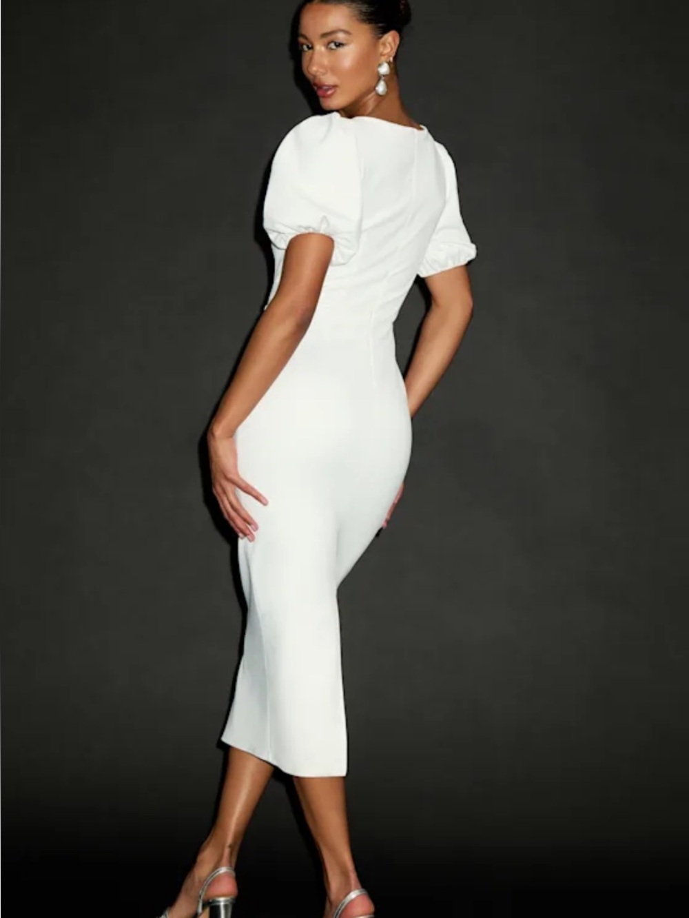 New Lulus Simply Beloved Elegant White Puff-Sleeve Midi Dress Sz Small - Picture 4 of 8